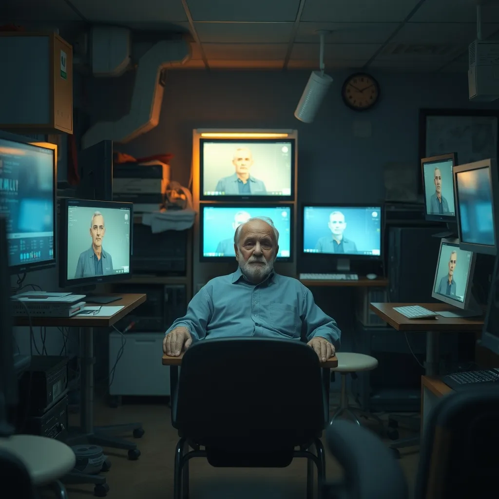 A cluttered, dimly lit room with an elderly man surrounded by computer screens, AI-generated avatars, and empty chairs, 