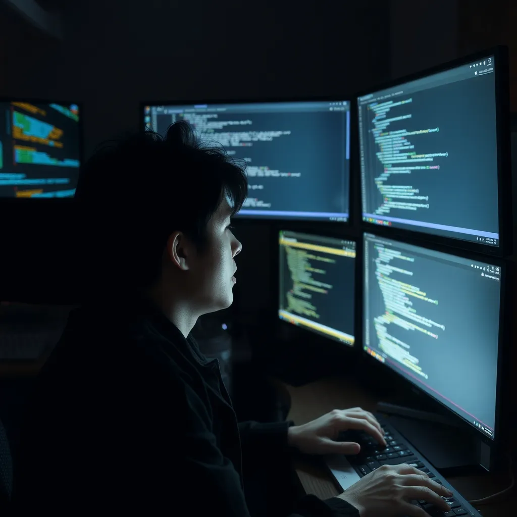 A dimly lit room with a lone figure, surrounded by screens displaying code and chat windows, their face illuminated only