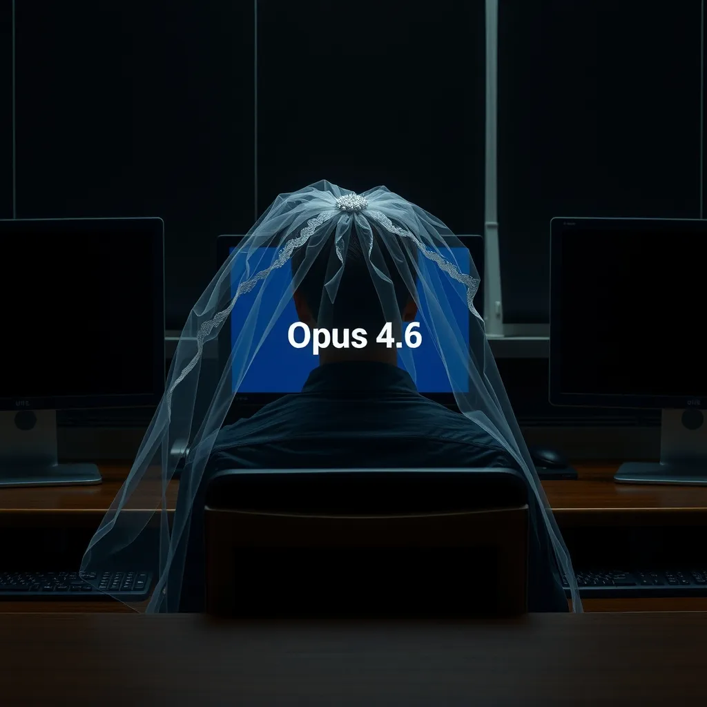 A person sits alone at a desk, surrounded by darkened screens, with a faint wedding veil draped over a computer monitor 