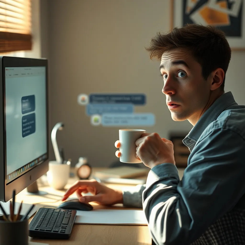 A person sits calmly at a desk, sipping coffee, with a surprised expression, in front of a computer screen displaying a 