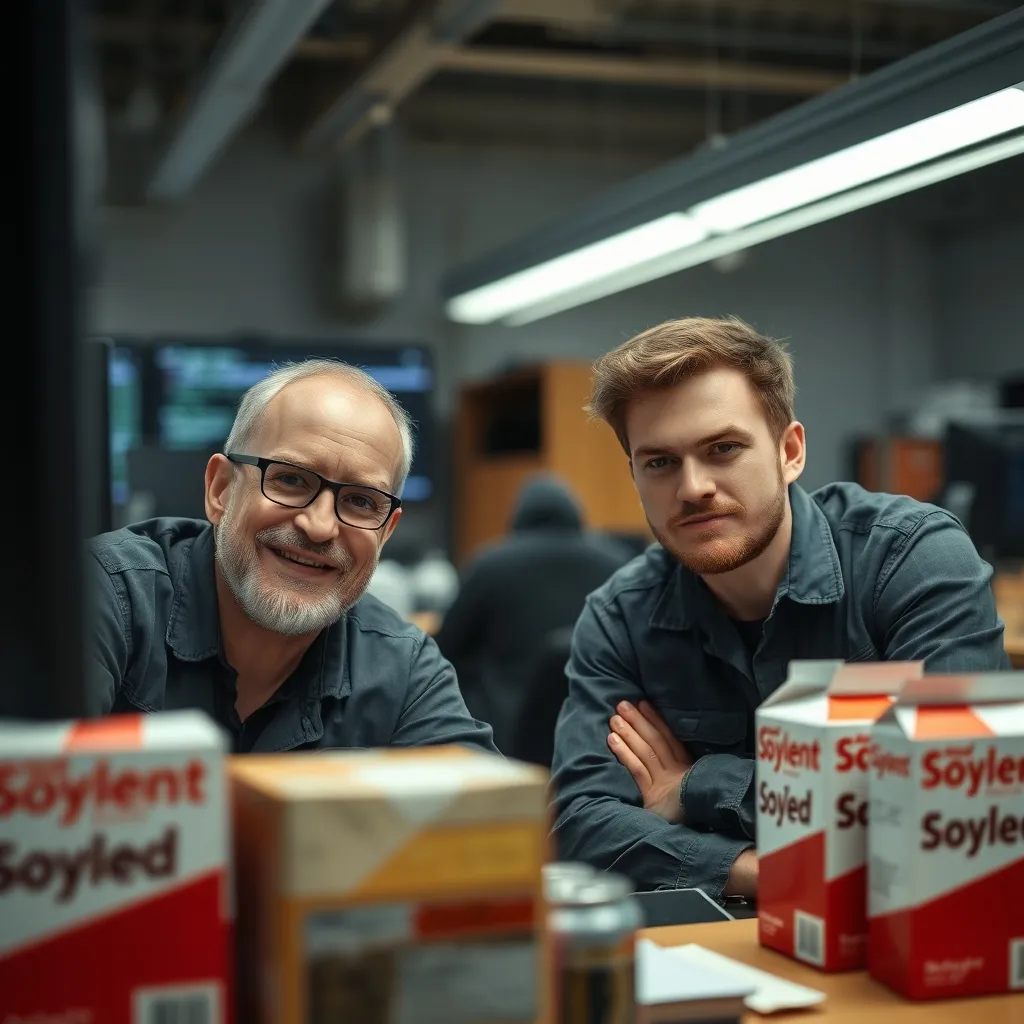 A breakroom with two engineers, one with a smug grin, the other deadpan, surrounded by coding screens and Soylent boxes,
