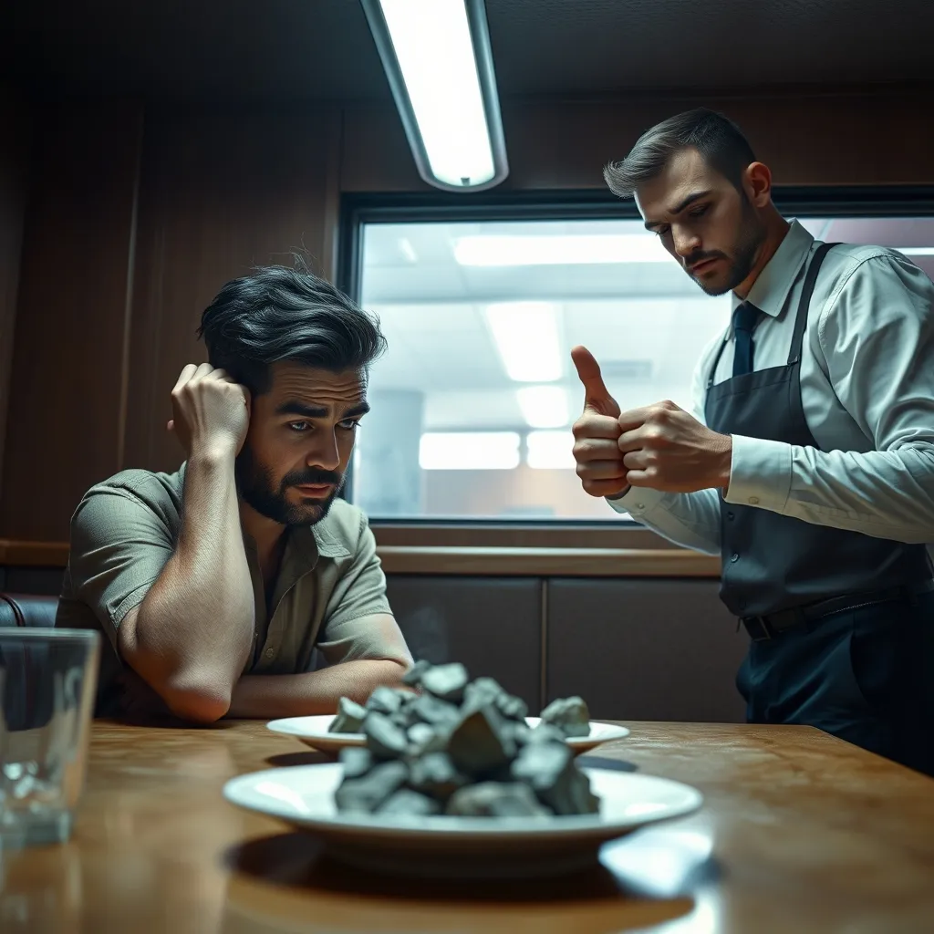 A frustrated diner sits at a table, staring at a plate of rocks, as a smug waiter stands over them, patting their head w