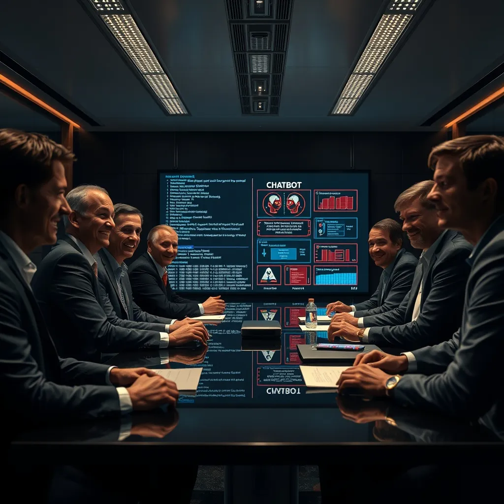 A dimly lit, sleek conference room with tech executives gathered around a table, sinister smiles on their faces, surroun