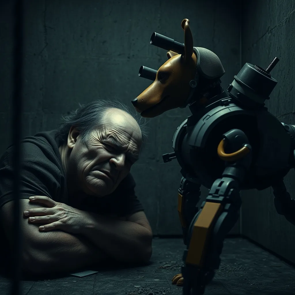 A dimly lit, concrete cage, a exhausted figure slumps, face twisted in a deep grimace, as a robot dog with a minigun mou