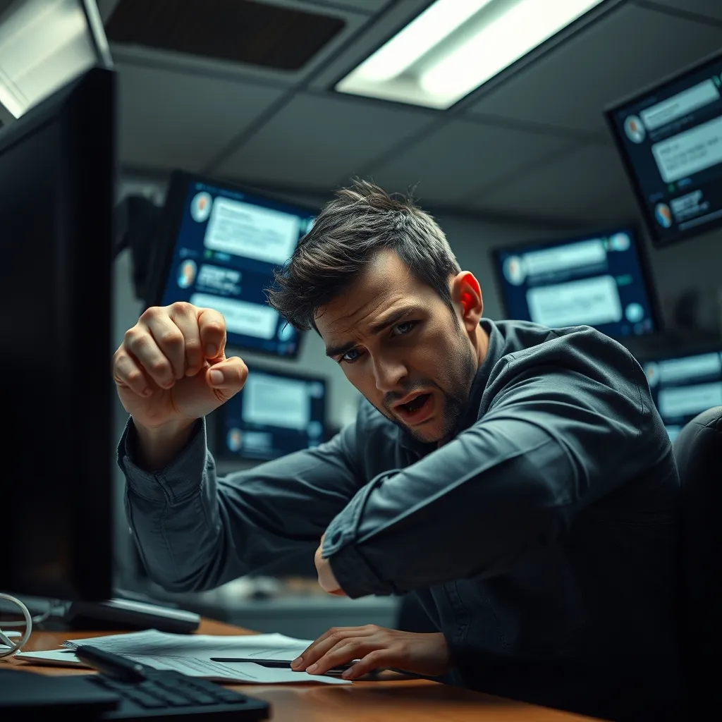 A person slams their fist on a desk, surrounded by screens displaying chatbot conversations, under harsh fluorescent lig