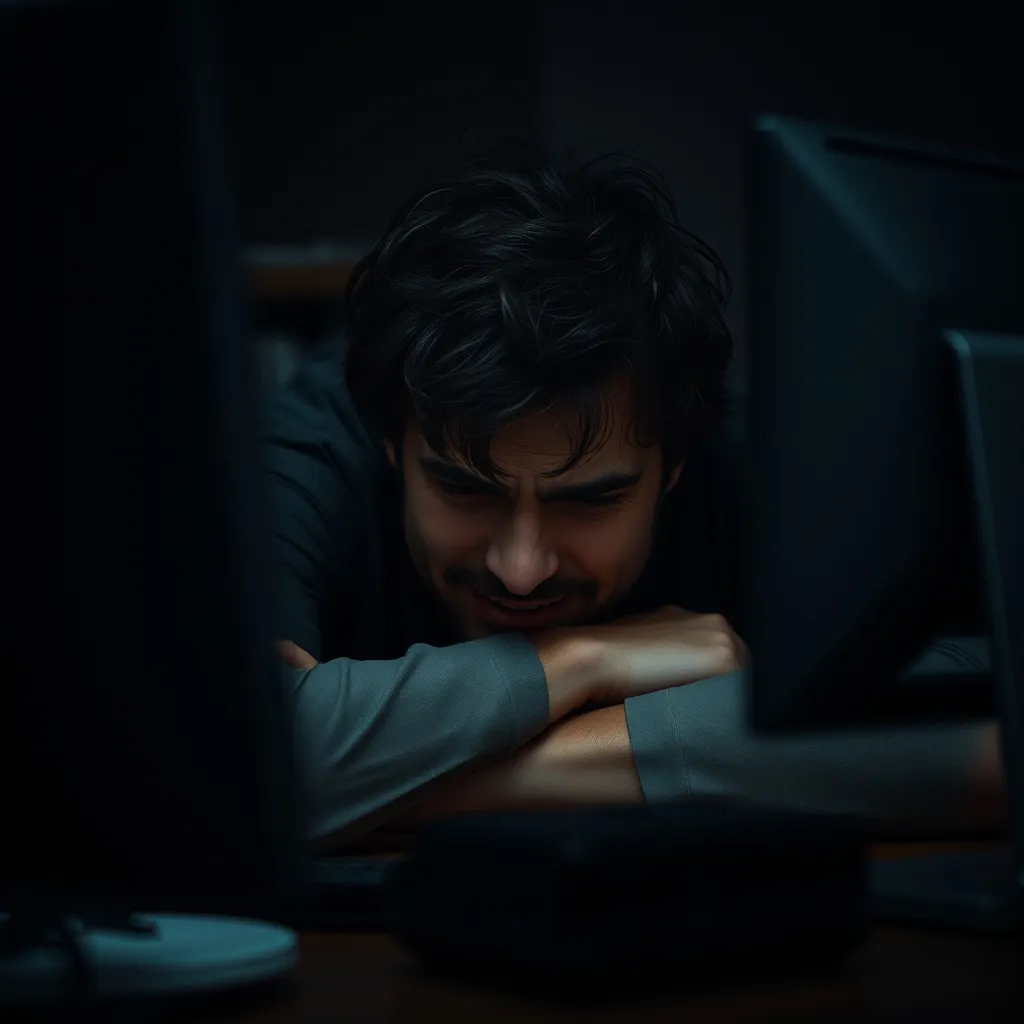 A person slumps over a desk, face contorted in frustration, surrounded by dark shadows and faint, eerie glow of a comput