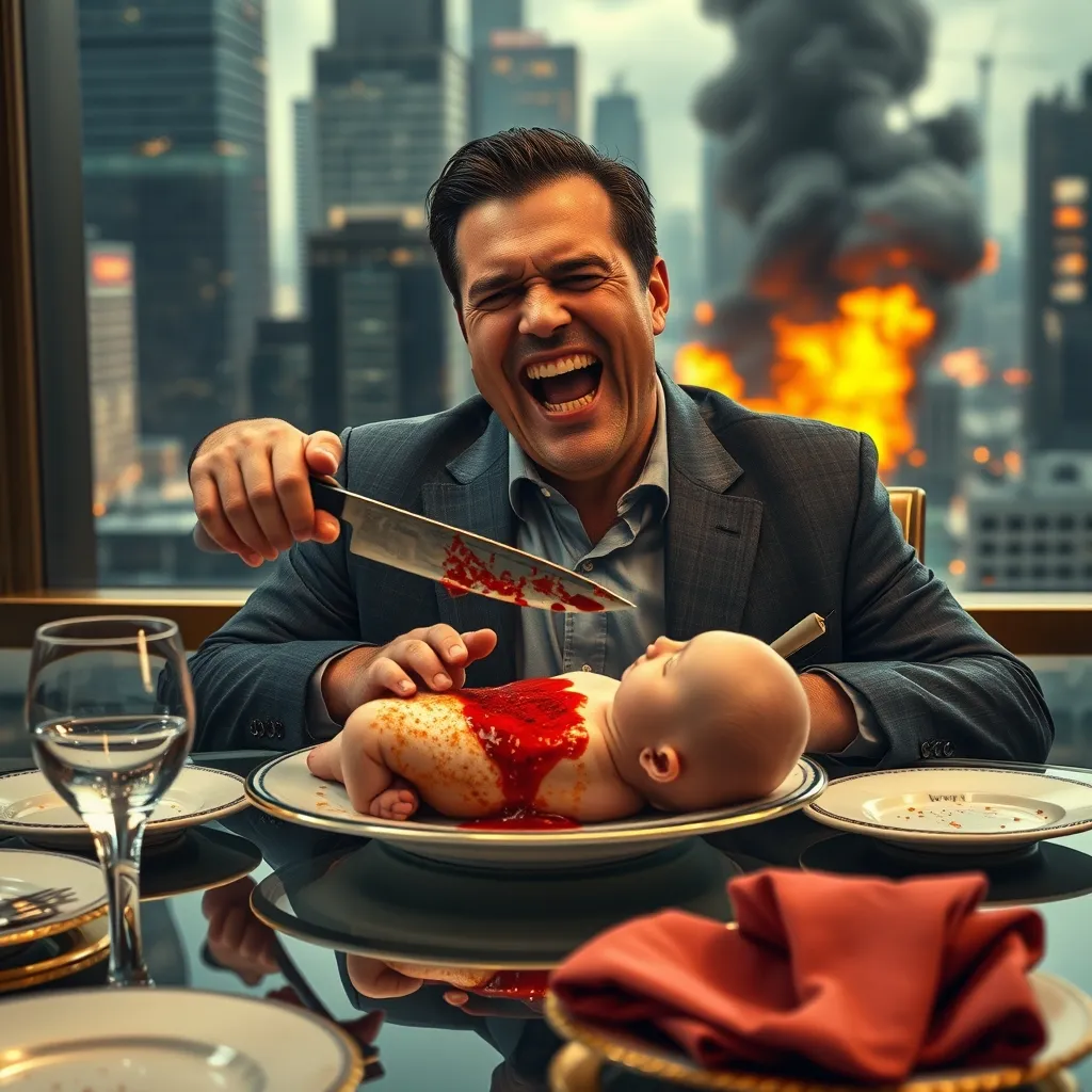 A quadrillionaire sits at a glass table, laughing maniacally with blood on his face, plunging a steak knife into a baby 