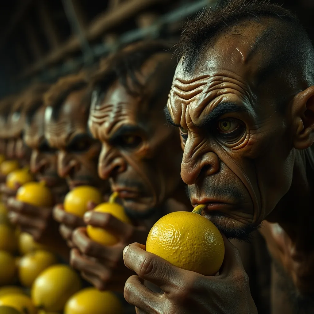 Row of gaunt, grimacing figures, eyes watering, faces contorted, suck lemons in a bleak, dimly lit labor camp, their bro