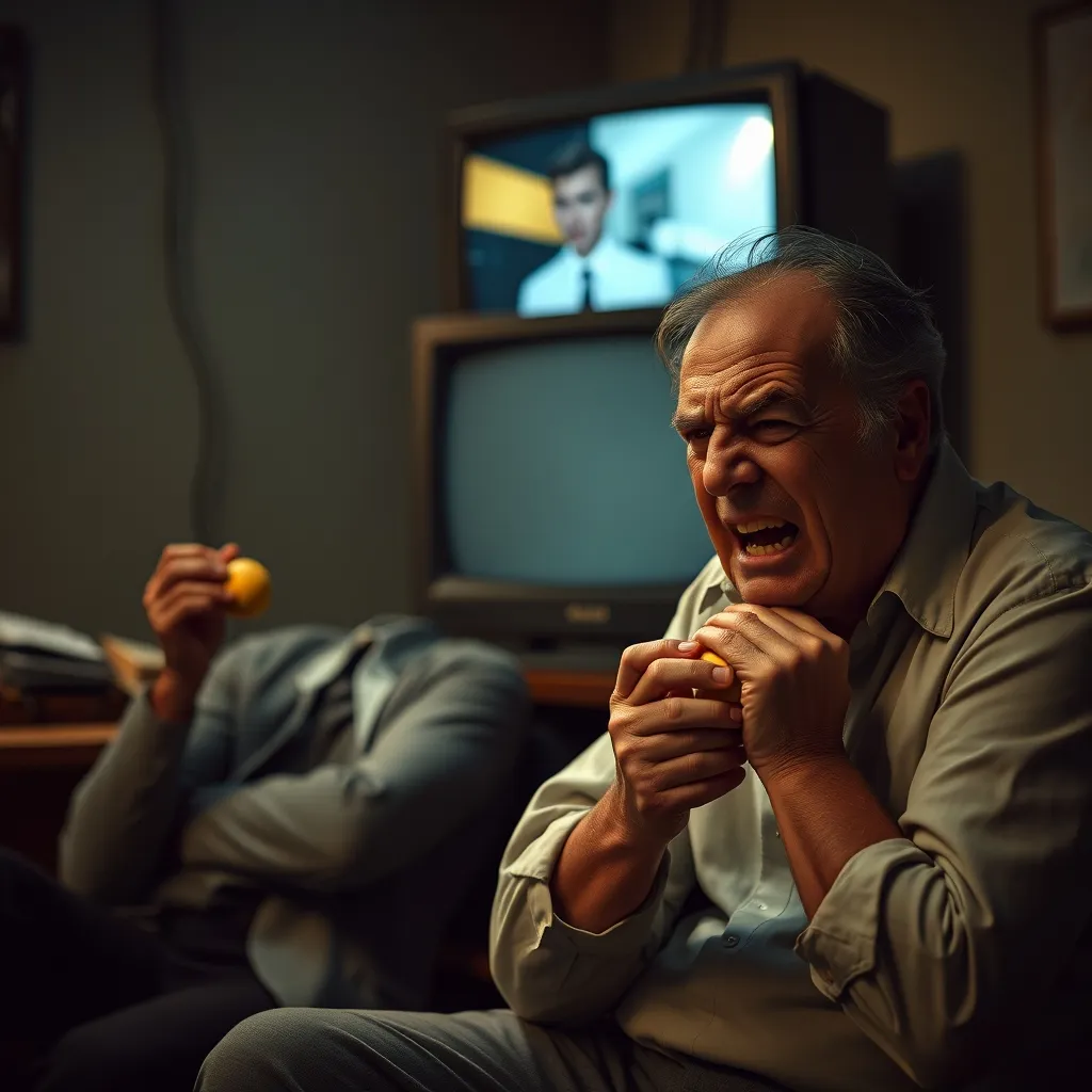 A therapist and patient sit in a dimly lit, dingy room, both contorted in painful scowls, lemons clenched in their teeth