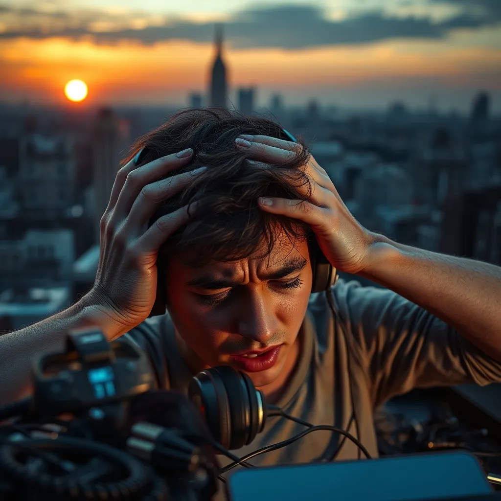A person covers their ears in agony, surrounded by shattered headphones and audio equipment, with a cityscape at dusk in