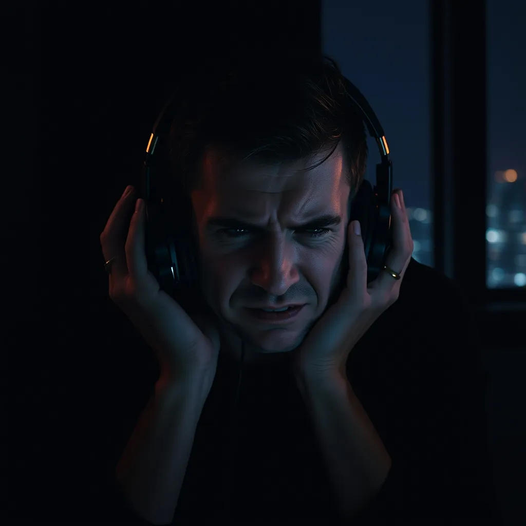 A person sits with expensive headphones, face contorted in frustration, surrounded by dark shadows, with a faint, eerie 