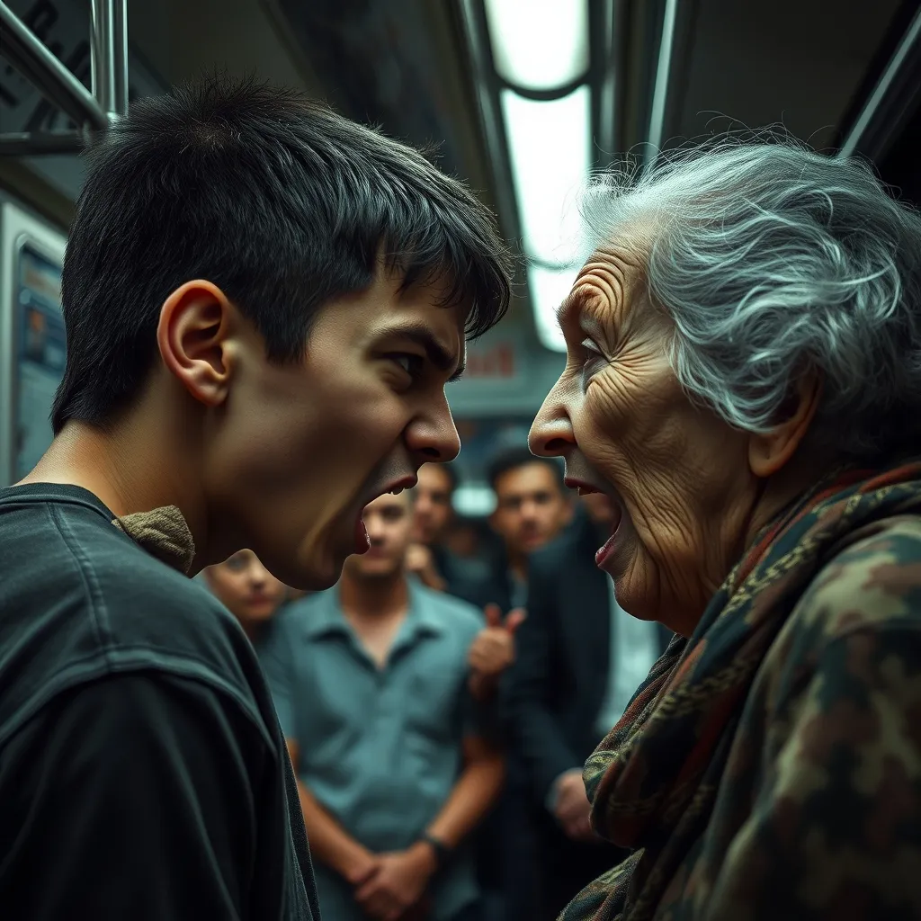 A sweaty, dimly lit subway car, a tense young person faces an unflinching elderly woman, both mouths open in a fierce, r