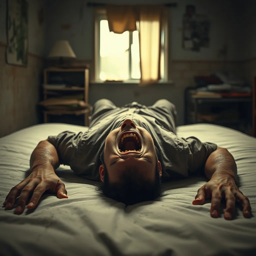 A man in a dirty uniform collapses face-first onto a bare mattress, surrounded by peeling walls and clutter, as a raw, g