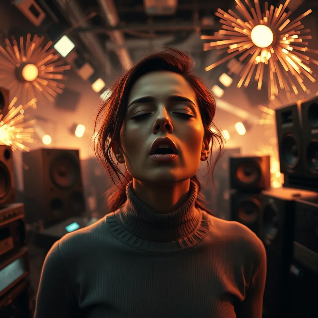 A woman in a gallery, eyes closed, mouth open in a screeching pitch, surrounded by distorted audio equipment, with a fig