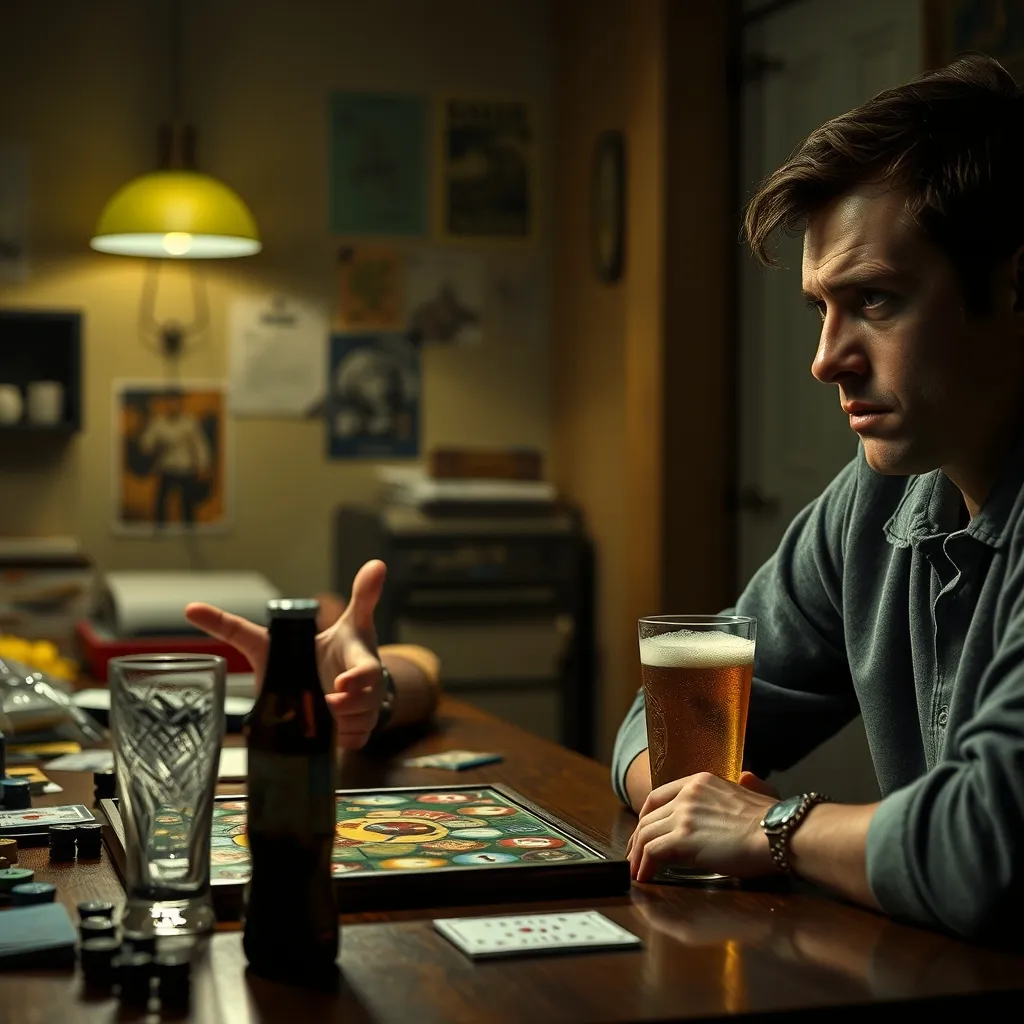 A dimly lit table, a cluttered board game, and a man's enthusiastic face, eyes aglow, explaining rules to a disintereste