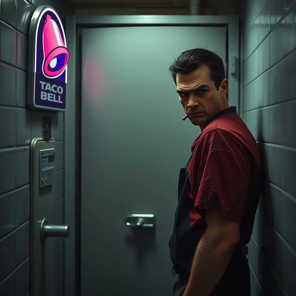 A grimy, dimly lit Taco Bell bathroom, with a surly attendant standing beside a locked door, his face twisted in a scowl