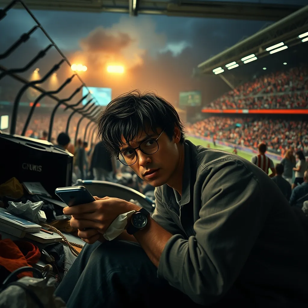 A person sits amidst clutter, phone in hand, with a mixture of horror and numbness on their face, as a chaotic cityscape