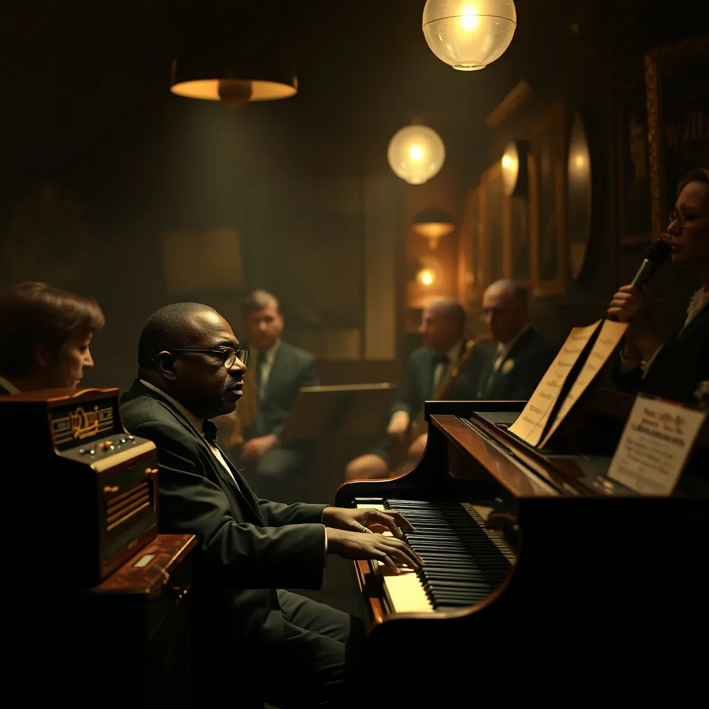 A dimly lit, smoky jazz club: Fats Waller plays piano, surrounded by patrons lost in music, as a radio in the corner bro