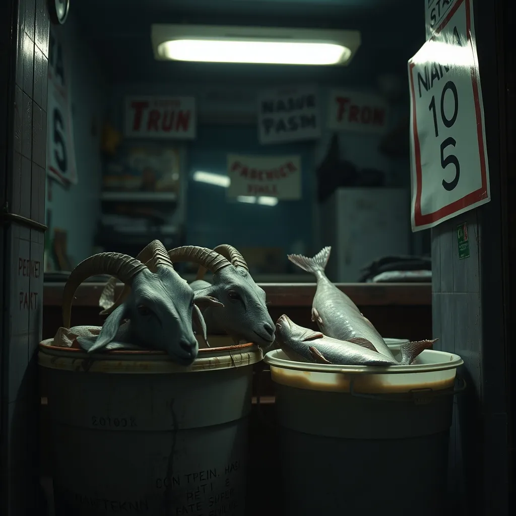 A dimly lit store in Flatbush, a bucket of goat heads sits next to a bucket of dead fish, both uncovered and emitting a 