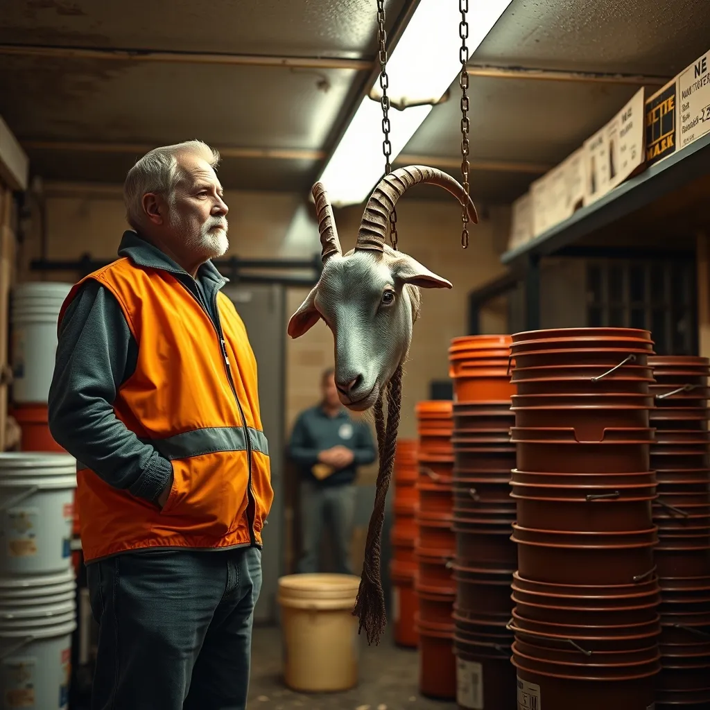 A man in an orange vest stands frozen, as a customer holds up a severed goat head next to a stack of five-gallon buckets