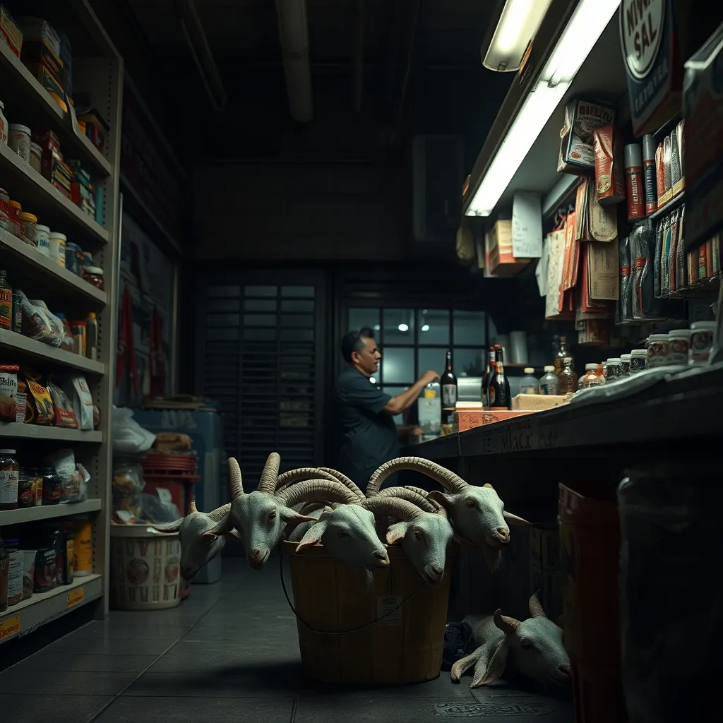 A dimly lit bodega, a bucket of goat heads sits on the floor, surrounded by shelves of assorted goods, with a single, un