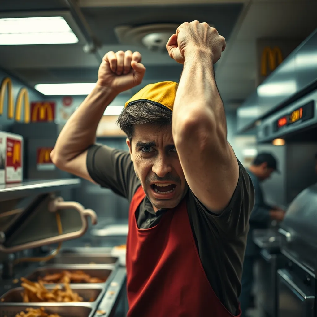 A frazzled McDonald's employee, eyes bulging, lifts a counter with superhuman strength amidst a chaotic kitchen, as frye