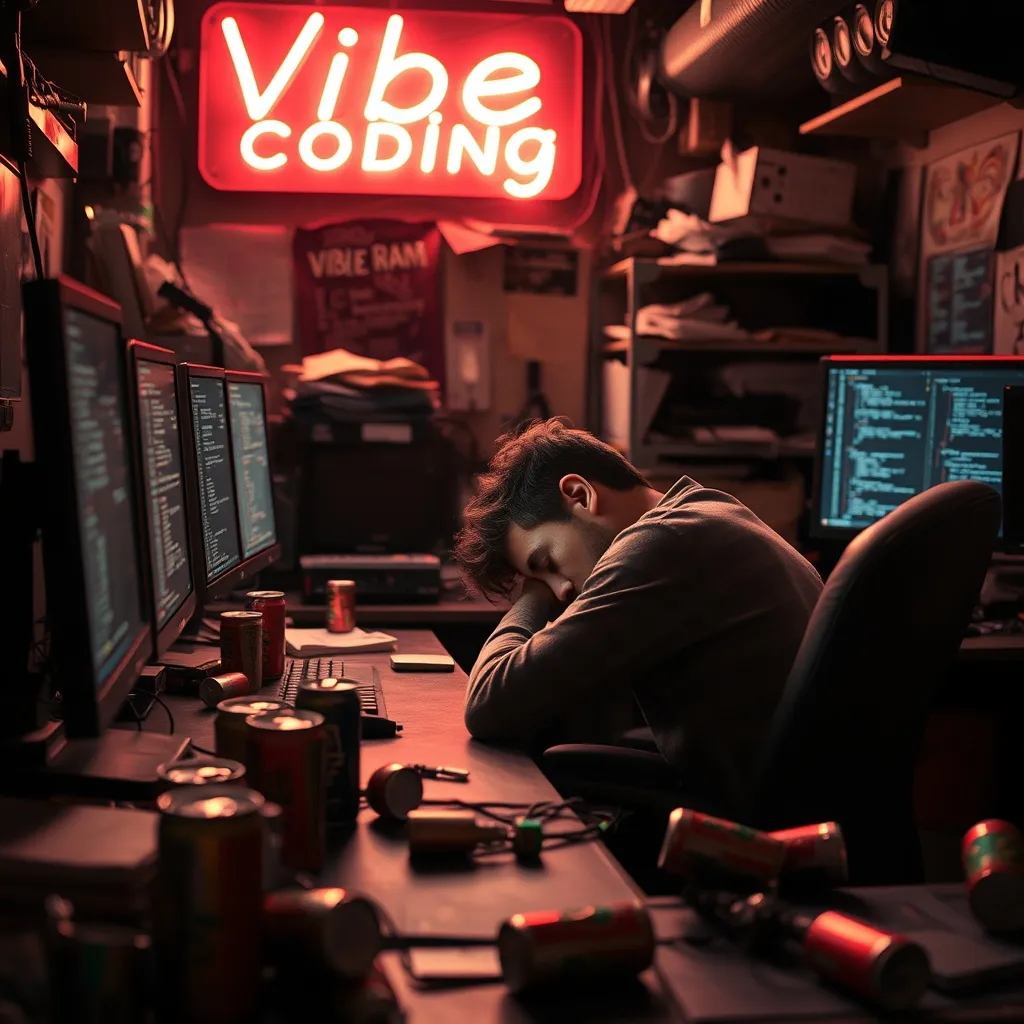 A dimly lit, cluttered room with a lone coder slumped over a computer, surrounded by empty energy drink cans and scatter