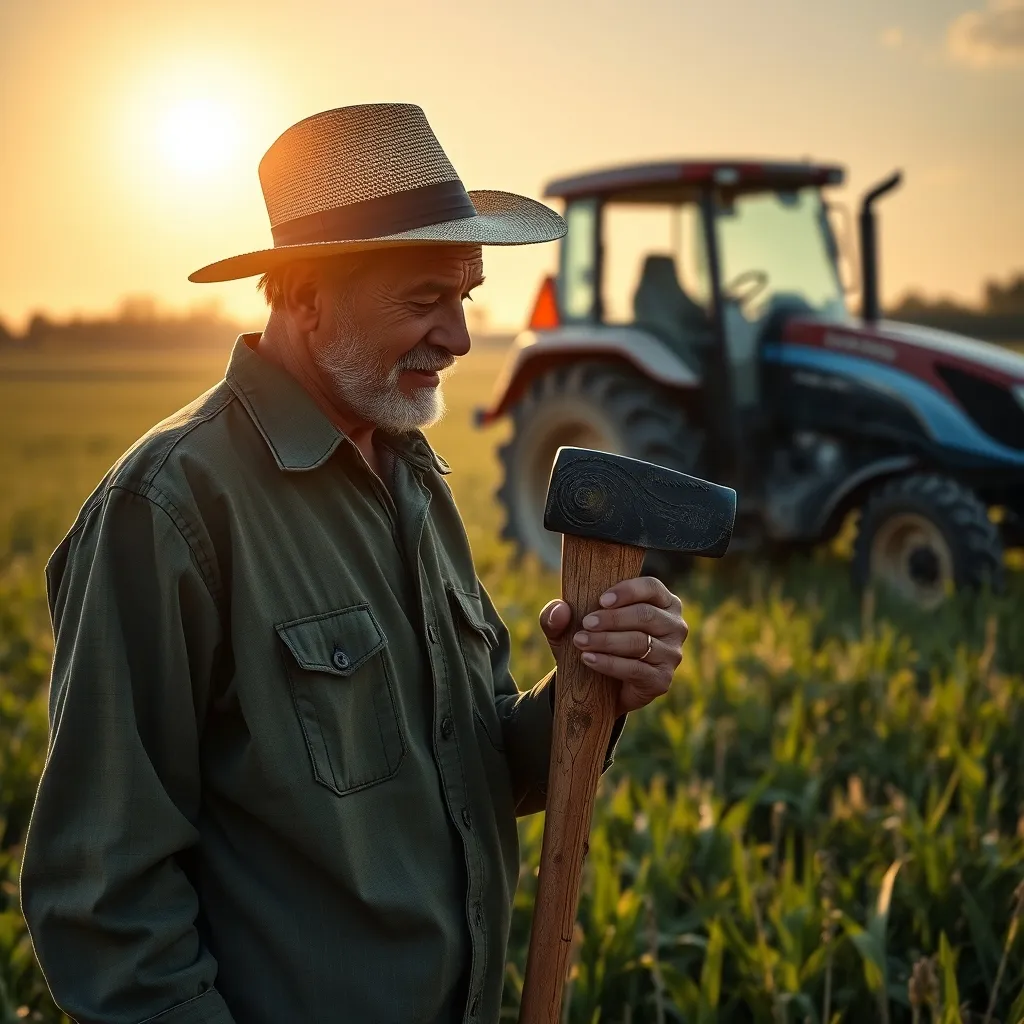 A farmer stands in a field, gazing lovingly at a hand-carved pickax, as a self-driving tractor operates in the backgroun