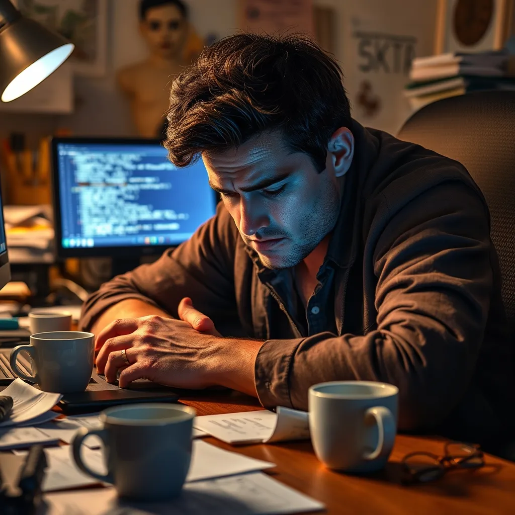 A frazzled developer slumps over a cluttered desk, surrounded by empty coffee cups and scribbled notes, as a computer sc