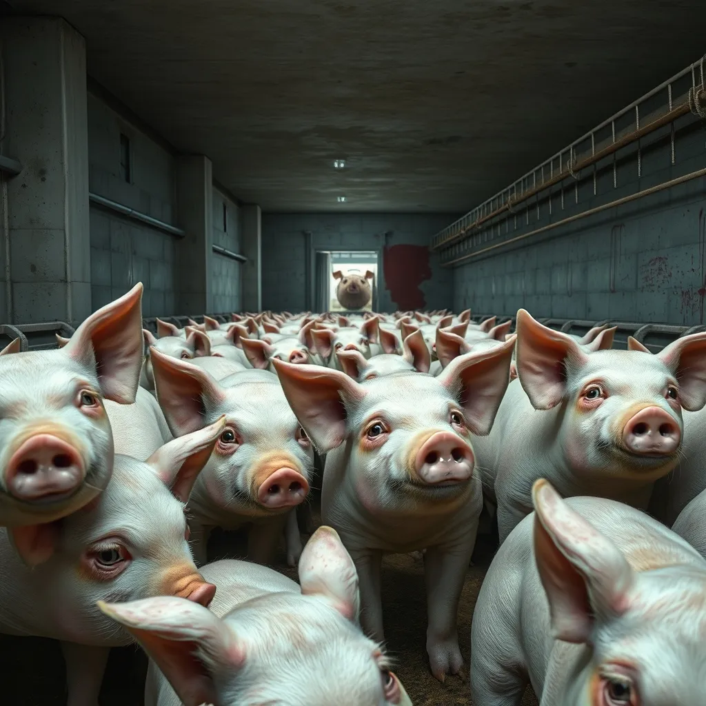 Pigs in a concrete slaughterhouse pen, oblivious, chatting about TV shows, as a distant pig screams and an industrial sa