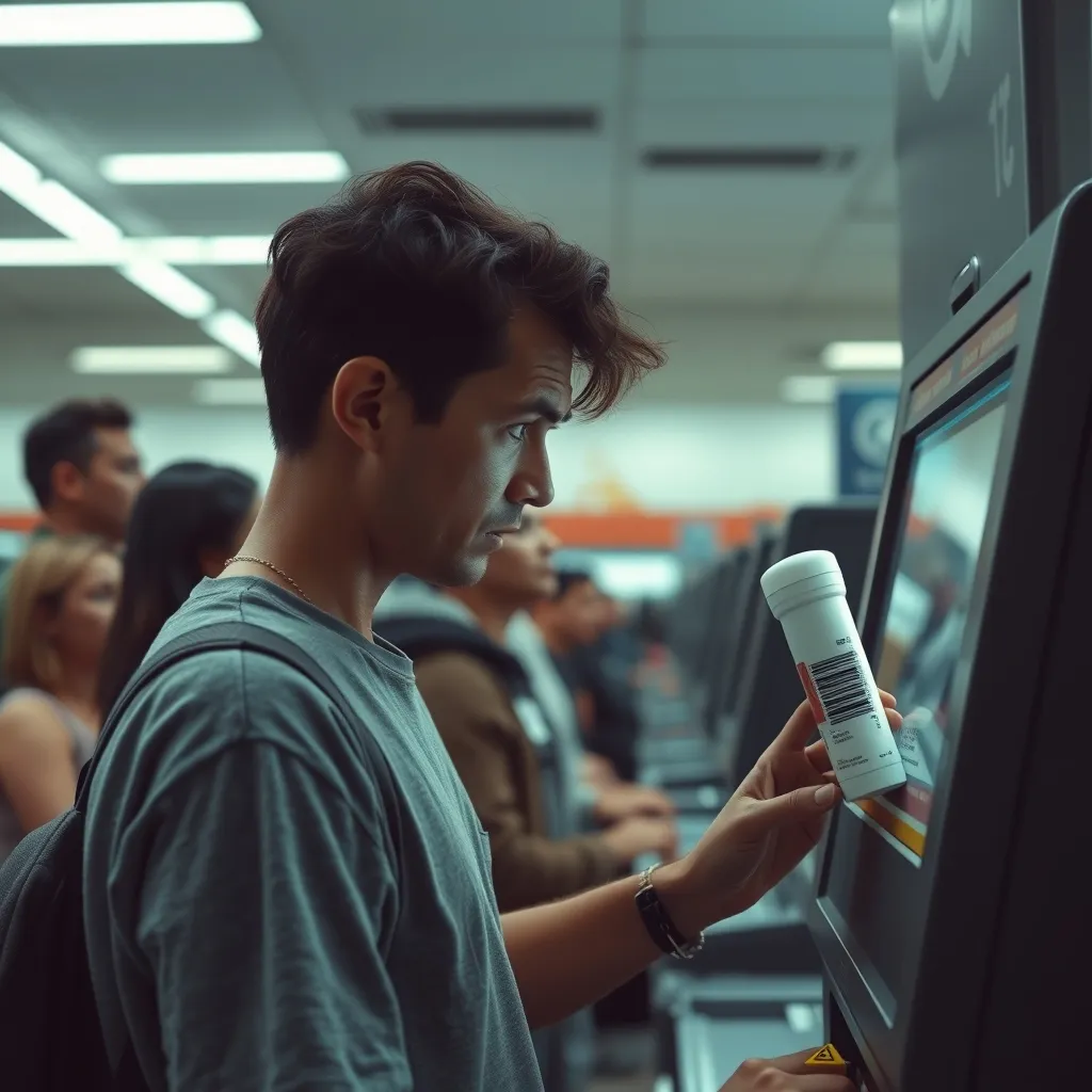 A frustrated customer stands at a self-checkout machine, staring at a stick of deodorant with a missing barcode, as a lo