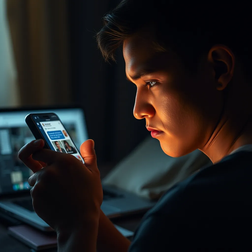 A person stares at their phone, expressionless, with a chat window open on the screen, displaying a conversation with a 