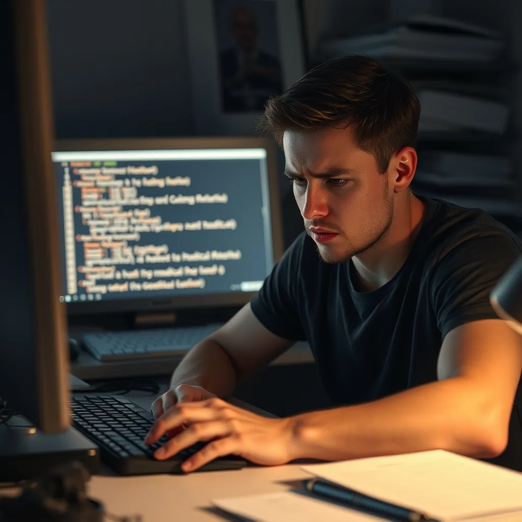 A frazzled developer sits at a cluttered desk, sweating, with a computer screen displaying a terminal error log and a mo