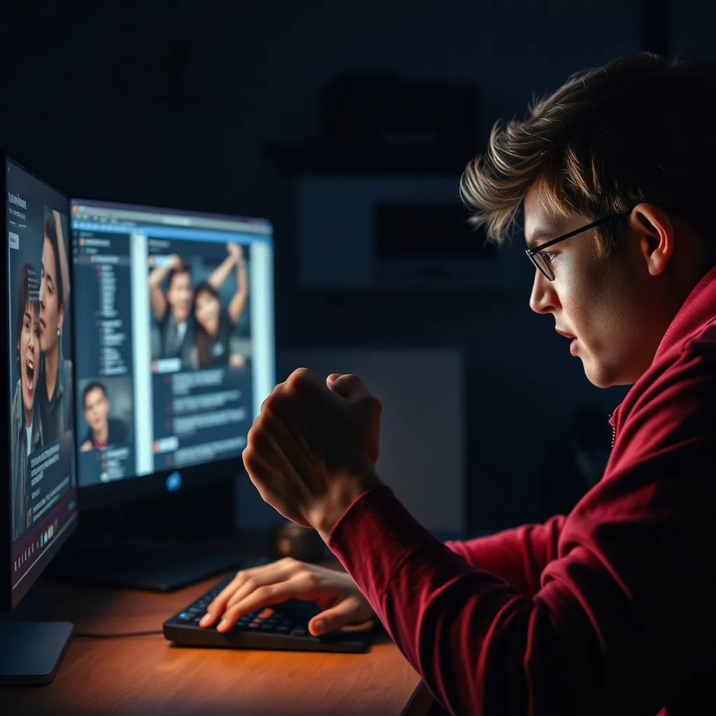 A frustrated gamer slams fist on desk, eyes fixed on a computer screen displaying a chaotic comment section, with dim li