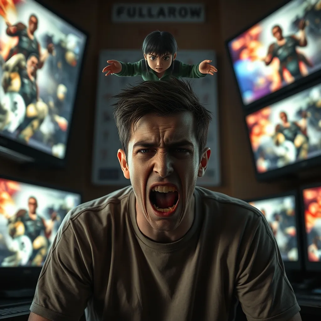 A person sits in a dimly lit room, surrounded by screens displaying a video game character floating in mid-air, their fa