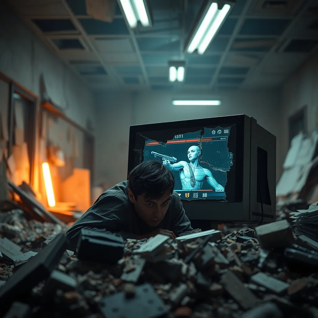 A destroyed office, debris scattered, a shattered computer screen displaying a paused video game, amidst the rubble, a t