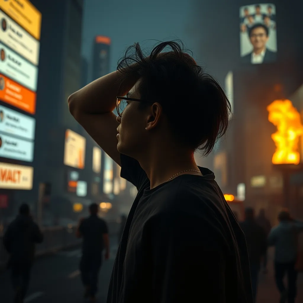 A person stands alone, ripping their hair out, surrounded by glowing screens displaying chaotic comments, amidst a dark,
