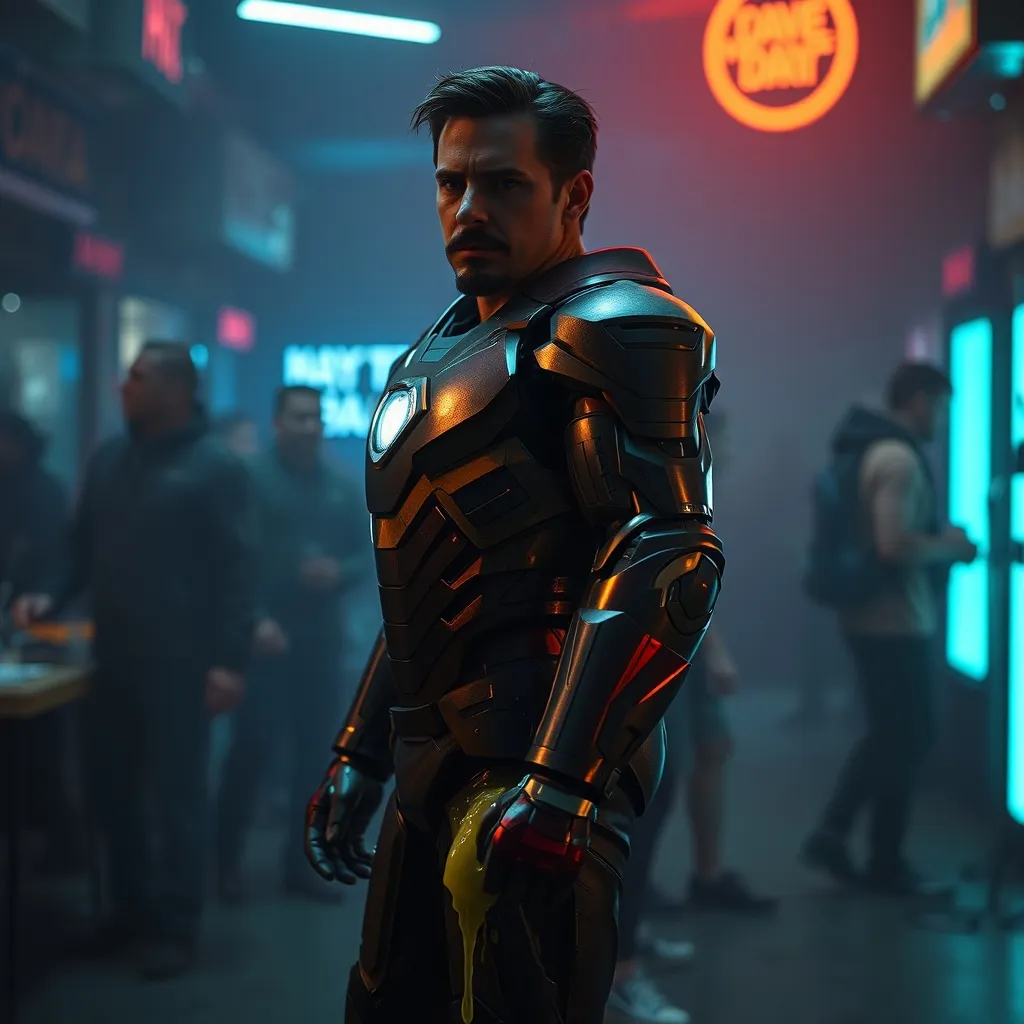 Tony Stark stands in his armor, urine streaming down his leg, amidst a blurred, neon-lit party scene, with muddy grays a
