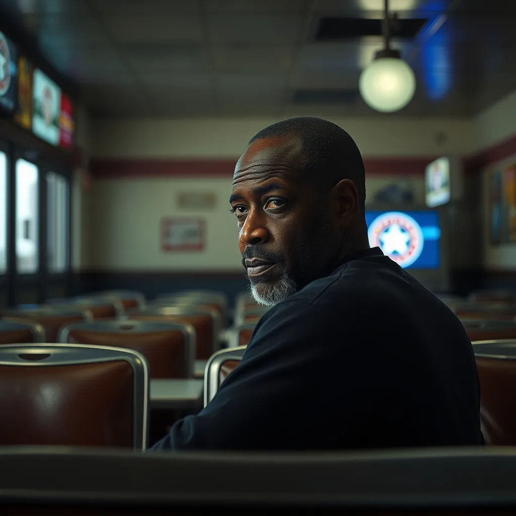 A greasy donut shop, dimly lit, with Samuel L. Jackson sitting alone, surrounded by empty seats, his face illuminated on