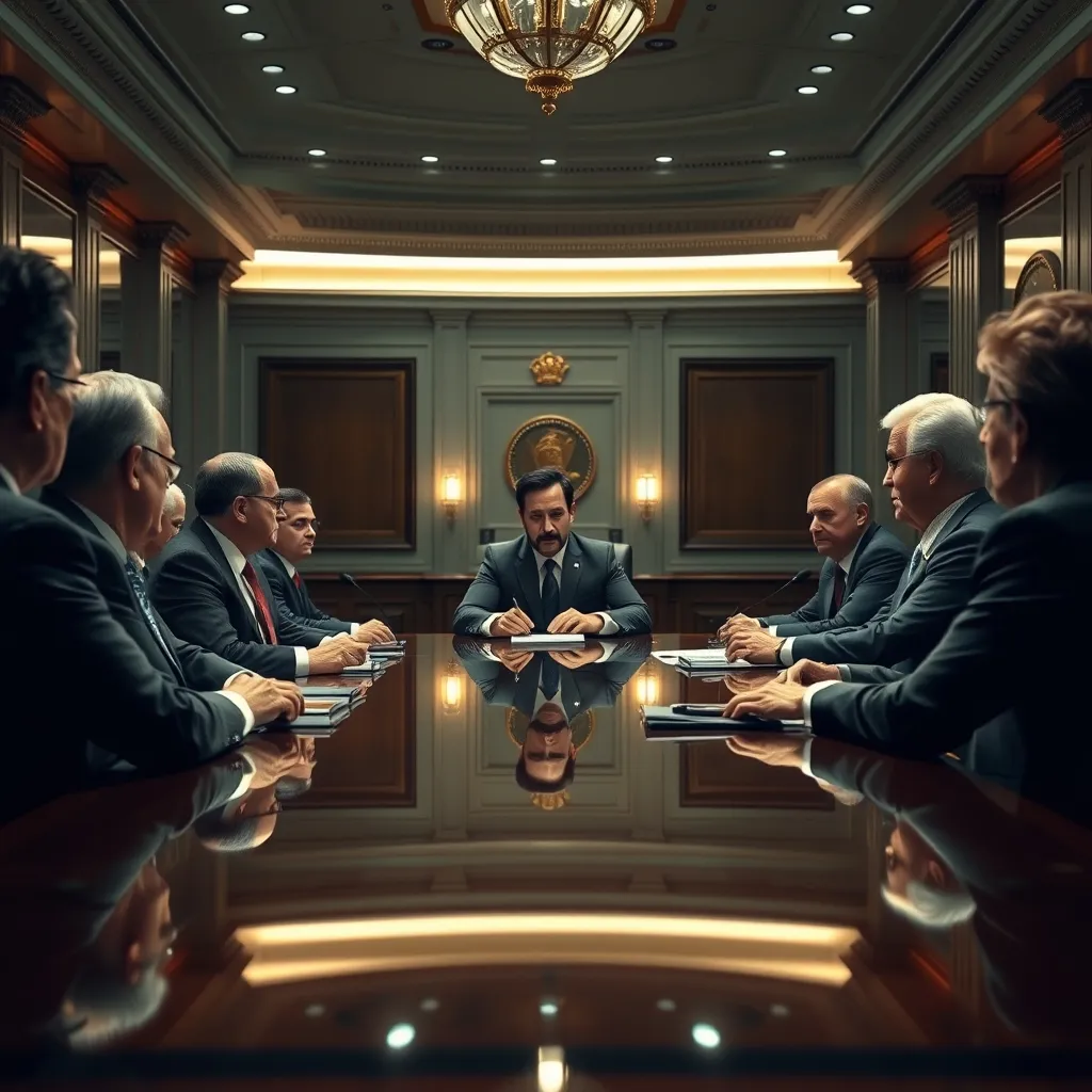 A Senate hearing room filled with sleek, shiny surfaces, reflecting harsh light. Politicians and Tony Stark sit at a glo
