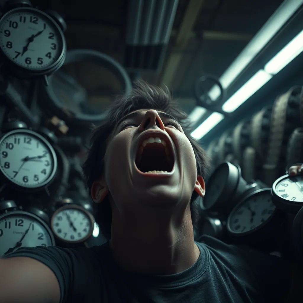 A person screams into a void, surrounded by empty film reels and shattered clocks, under harsh, flickering fluorescent l