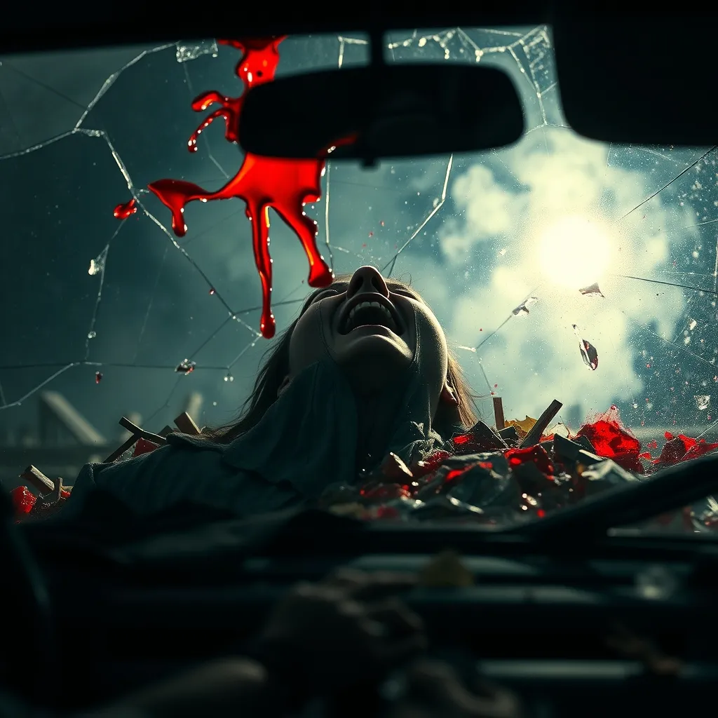 A shattered windshield, smeared with bloody viscera, wipers flailing, as a figure slumps, screaming, covered in steaming