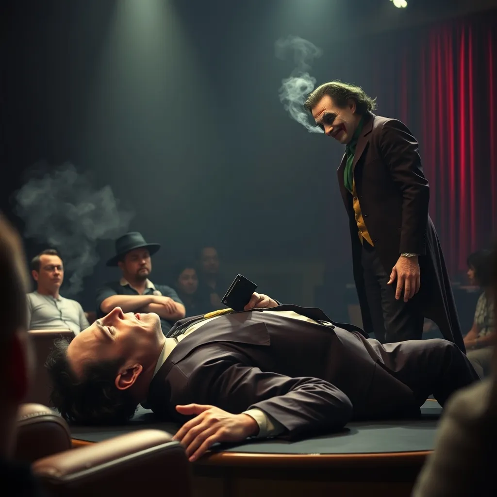 A dimly lit, gritty talk show set: Joker stands over Robert De Niro's slumped body, gun still smoking, amidst stunned au