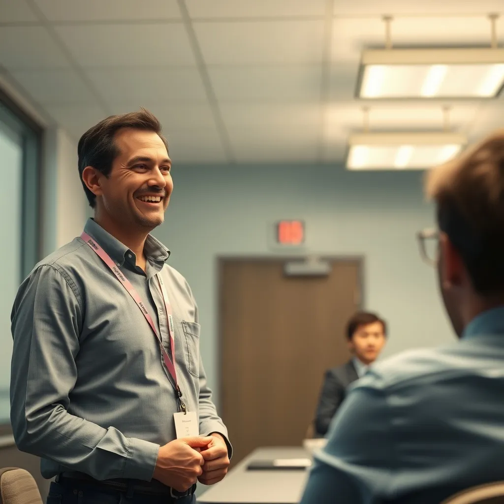 A mid-level manager, donning a pastel lanyard, stands in a sterile conference room, forcing a wide, fake smile as they a