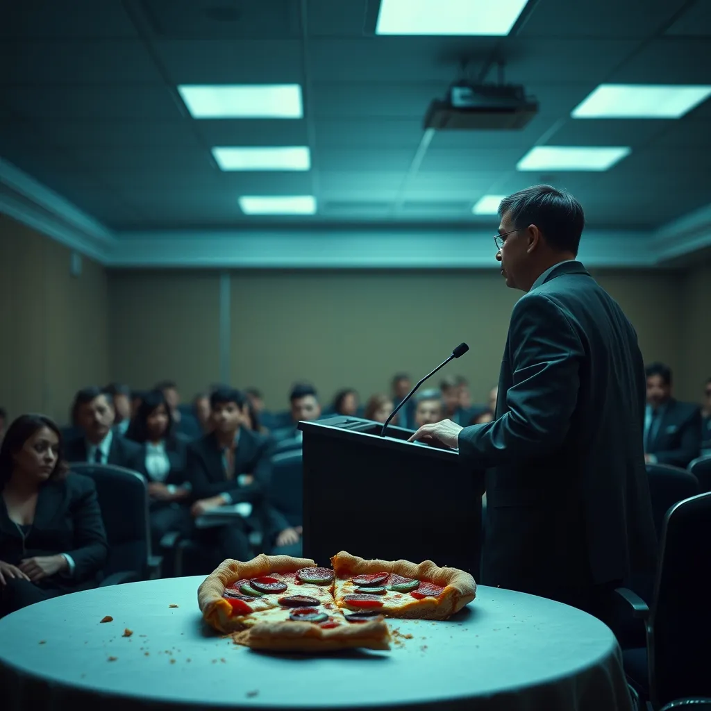 A drab, fluorescent-lit conference room filled with vacant-eyed attendees, a monotone speaker stands at a podium, mouth 
