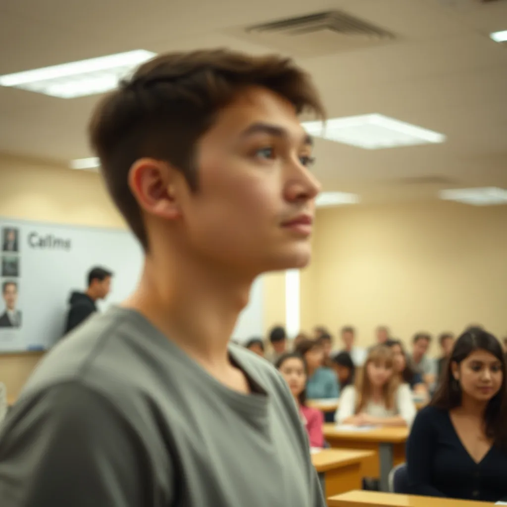 A beige classroom, fluorescent lights overhead, a teacher's blurred form stands at the front, a sea of empty faces, eyes