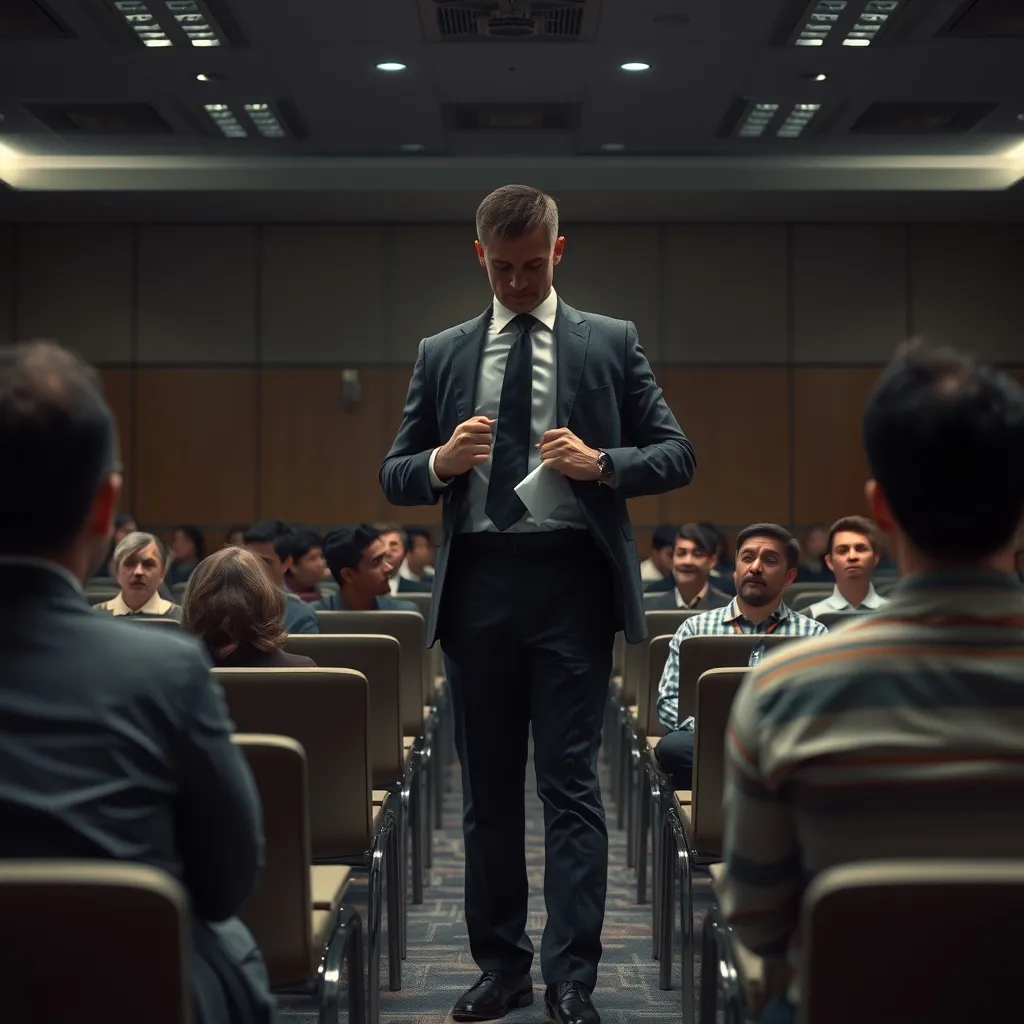 A dimly lit conference room, a man stands confidently on stage, adjusting his posture, while a bewildered audience looks