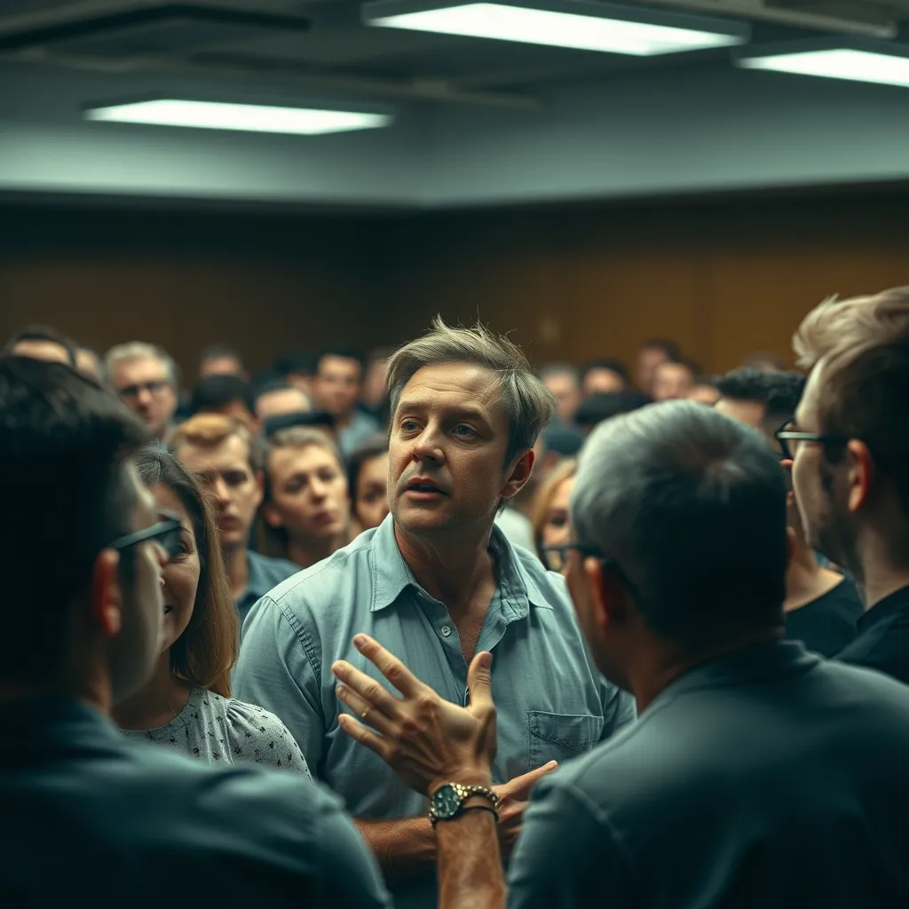 A sweaty, desperate crowd surrounds a speaker, with one attendee dominating the space, firing off questions as sycophant