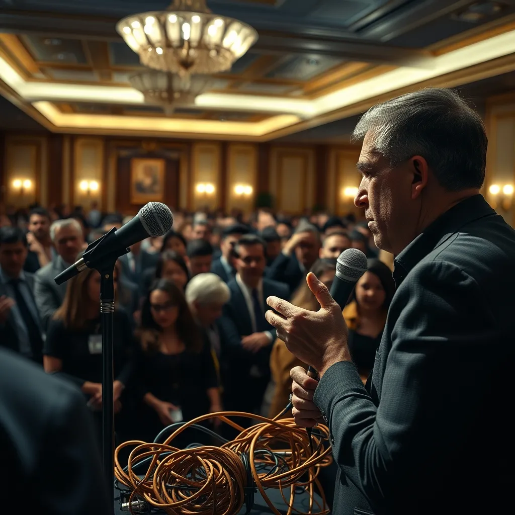 A luxurious event space with a faulty microphone, a frustrated speaker gesturing to a tangled mess of copper cables, ami
