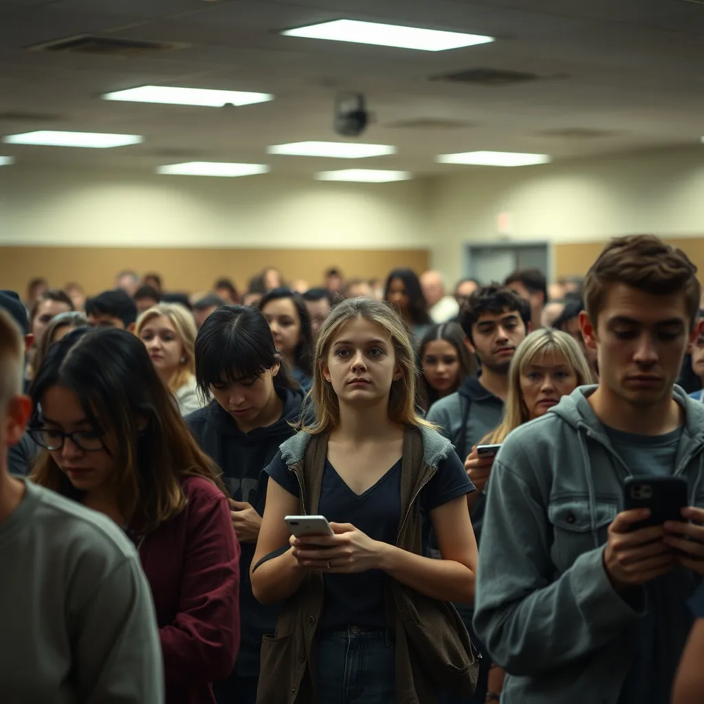 A crowded, dimly lit community center room filled with awkwardly posed attendees, some wearing mismatched clothing, othe